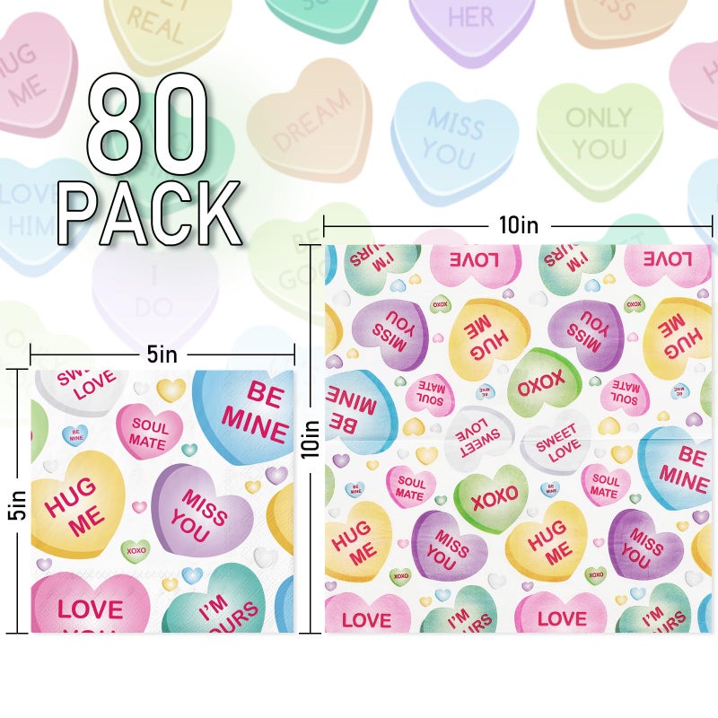 Whaline 80Pcs Valentine's Day Paper Napkins Conversation Heart Disposable Cocktail Napkins Colorful Beverage Napkins for Holiday Wedding Party Drink Table Decor 5 Inch - Image 2