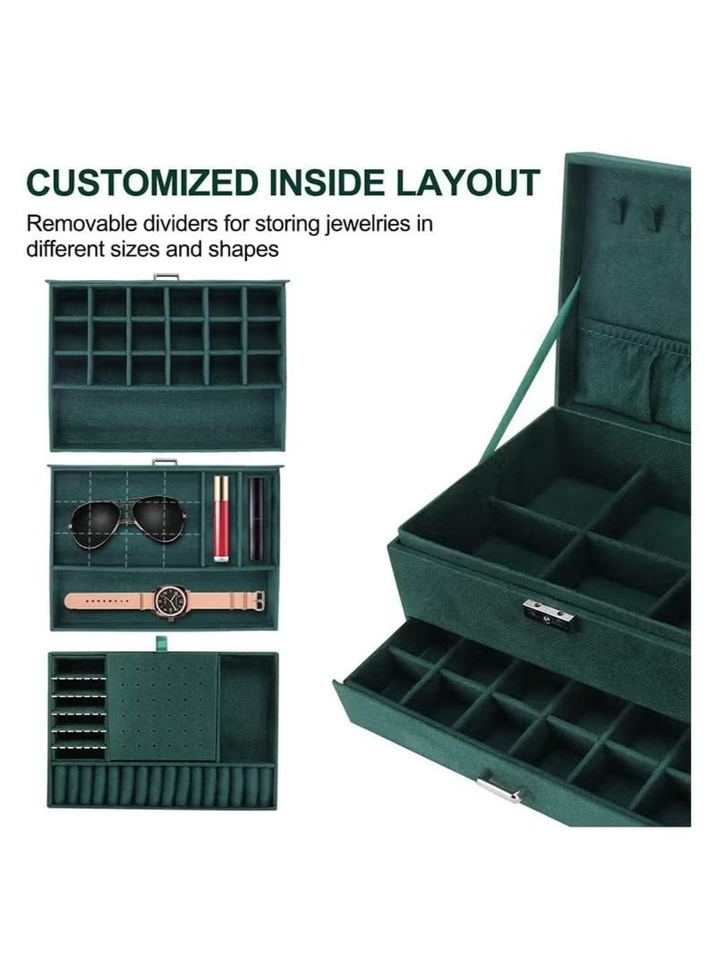 يوڠام صندوق تنظيم المجوهرات للنساء والفتيات، صندوق قابل للقفل بثلاث طبقات مع صواني قابلة للإزالة للأقراط، الخواتم، القلادات، والنظارات الشمسية - Image 5