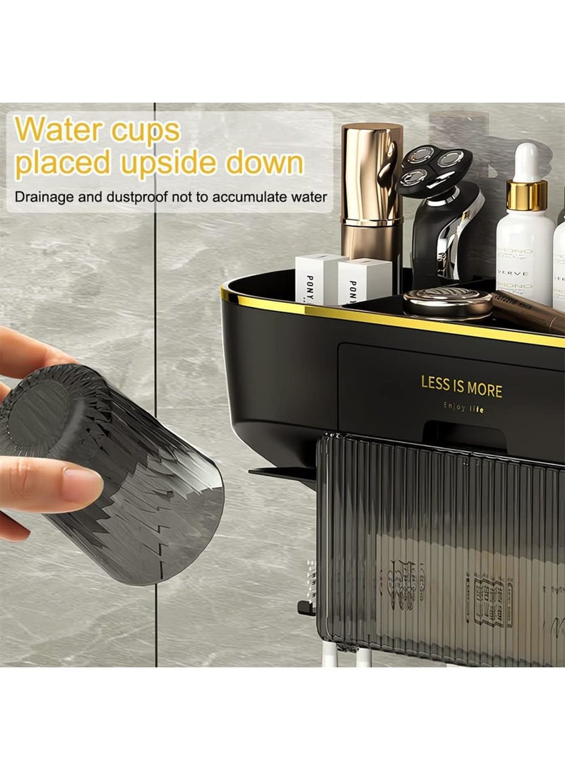 SYOSI حامل فرشاة أسنان مثبت على الحائط، حامل فرشاة أسنان كهربائي مع موزع معجون أسنان تلقائي وعلبة تخزين مناديل، 4 فتحات لفرشاة الأسنان و2 كوب، بدون ثقب، مقاوم للرطوبة للحمام (أسود) - Image 5