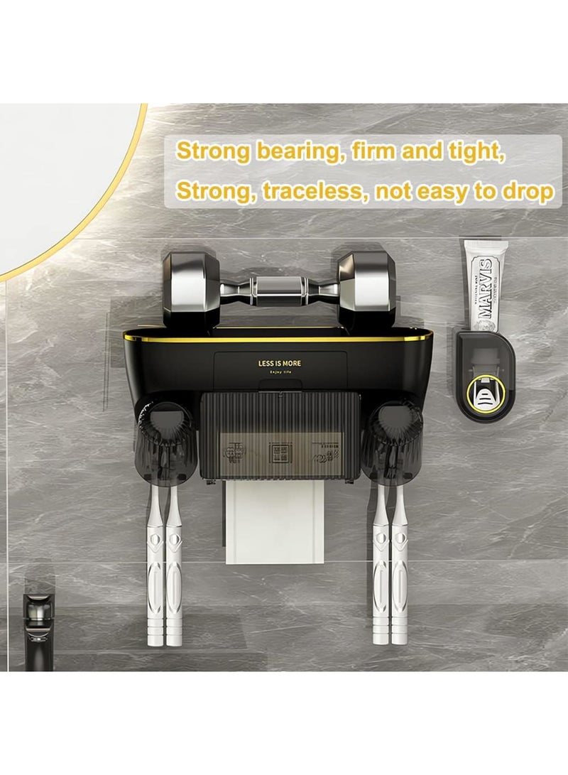 SYOSI حامل فرشاة أسنان مثبت على الحائط، حامل فرشاة أسنان كهربائي مع موزع معجون أسنان تلقائي وعلبة تخزين مناديل، 4 فتحات لفرشاة الأسنان و2 كوب، بدون ثقب، مقاوم للرطوبة للحمام (أسود) - Image 2