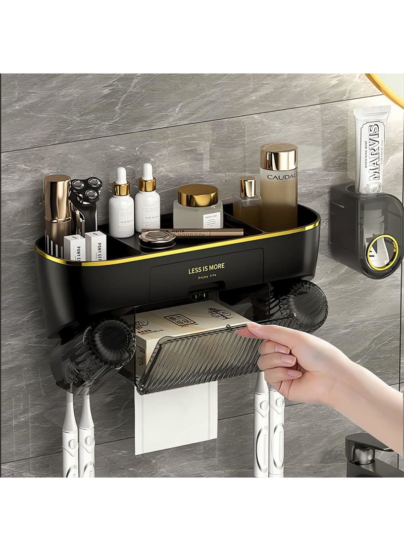 SYOSI حامل فرشاة أسنان مثبت على الحائط، حامل فرشاة أسنان كهربائي مع موزع معجون أسنان تلقائي وعلبة تخزين مناديل، 4 فتحات لفرشاة الأسنان و2 كوب، بدون ثقب، مقاوم للرطوبة للحمام (أسود) - Image 4