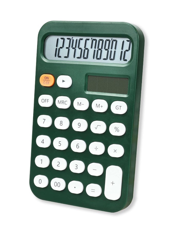 12 Digit Standard Calculator Office Desk with Large LCD Display for School Home and Business Use Automatic Sleep Hold one Hand Battery Solar Powered Green - Image 1