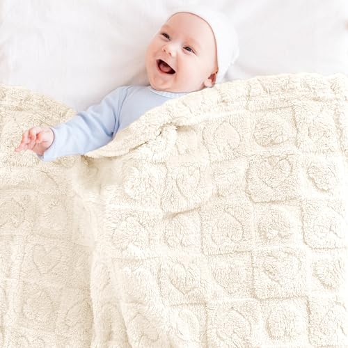 Yurhap Fleece Baby Blanket Heart Checkered Blanket, Ultra Soft Cozy Baby Blankets for Boys Girls, Fluffy Infant Toddler Newborn Receiving Blankets for Crib Stroller 30”×40” (Cream) - Image 3