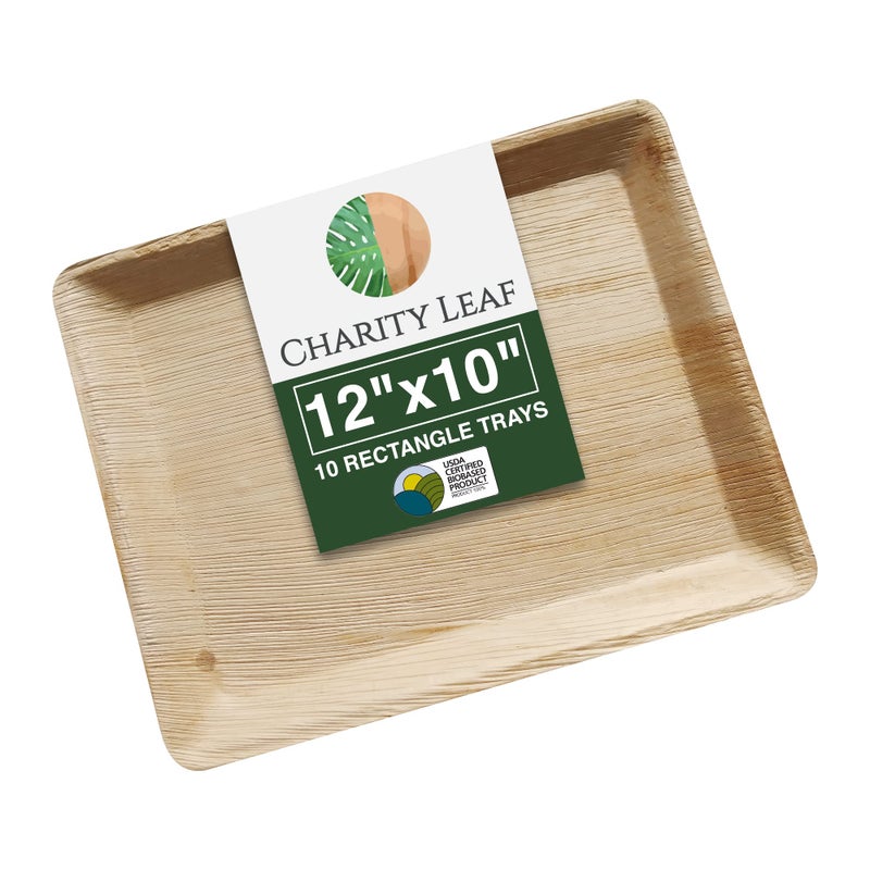 Charity Leaf Disposable Palm Leaf 12 x 10 Trays 10 pieces Bamboo Like Serving Platters Disposable Boards EcoFriendly Dinnerware For Weddings Catering Events