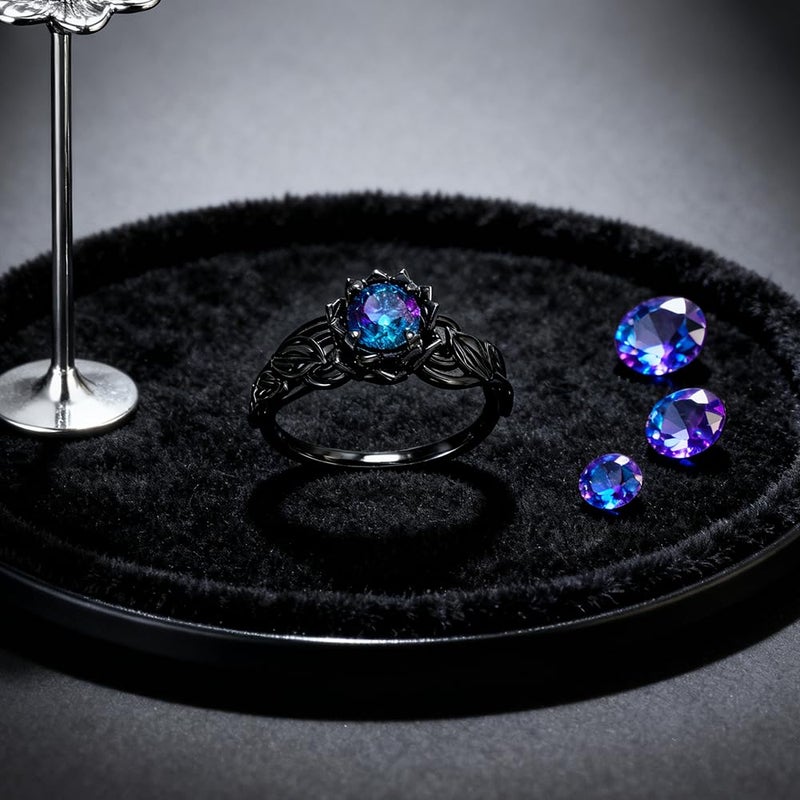BlingNook Cubic Zirconia Rings For Women, Gothic Ring Black Flower Crystal Stackable Trendy Floral Eternity Travel Engagement Statement Wedding Birthday Jewelry Gift (Goth Black Colorful, 6) - Image 4