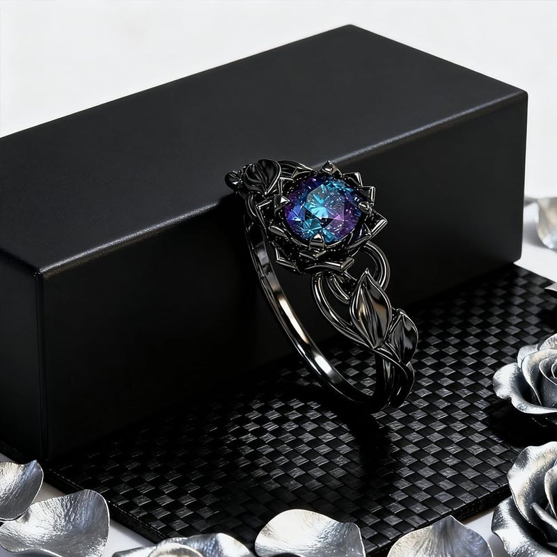 BlingNook Cubic Zirconia Rings For Women, Gothic Ring Black Flower Crystal Stackable Trendy Floral Eternity Travel Engagement Statement Wedding Birthday Jewelry Gift (Goth Black Colorful, 6) - Image 5