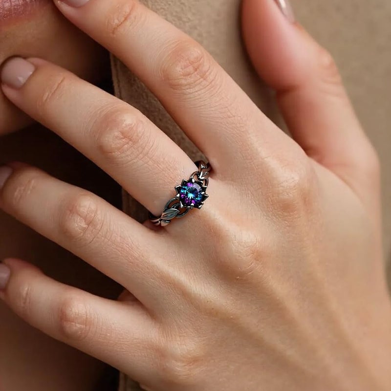 BlingNook Cubic Zirconia Rings For Women, Gothic Ring Black Flower Crystal Stackable Trendy Floral Eternity Travel Engagement Statement Wedding Birthday Jewelry Gift (Goth Black Colorful, 6) - Image 2