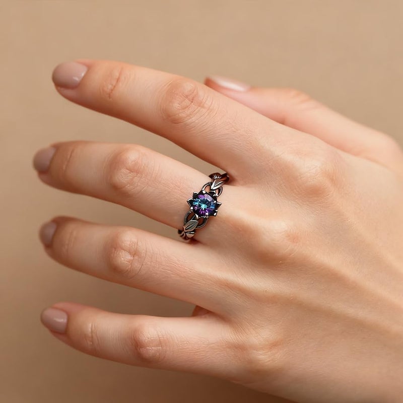 BlingNook Cubic Zirconia Rings For Women, Gothic Ring Black Flower Crystal Stackable Trendy Floral Eternity Travel Engagement Statement Wedding Birthday Jewelry Gift (Goth Black Colorful, 6) - Image 3