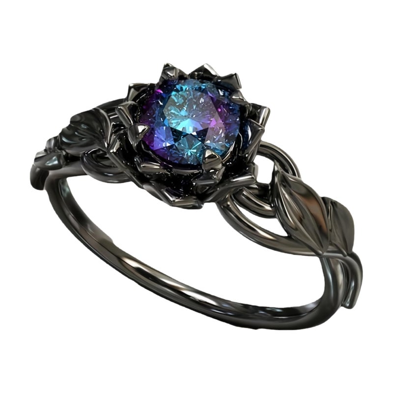 BlingNook Cubic Zirconia Rings For Women, Gothic Ring Black Flower Crystal Stackable Trendy Floral Eternity Travel Engagement Statement Wedding Birthday Jewelry Gift (Goth Black Colorful, 6) - Image 1