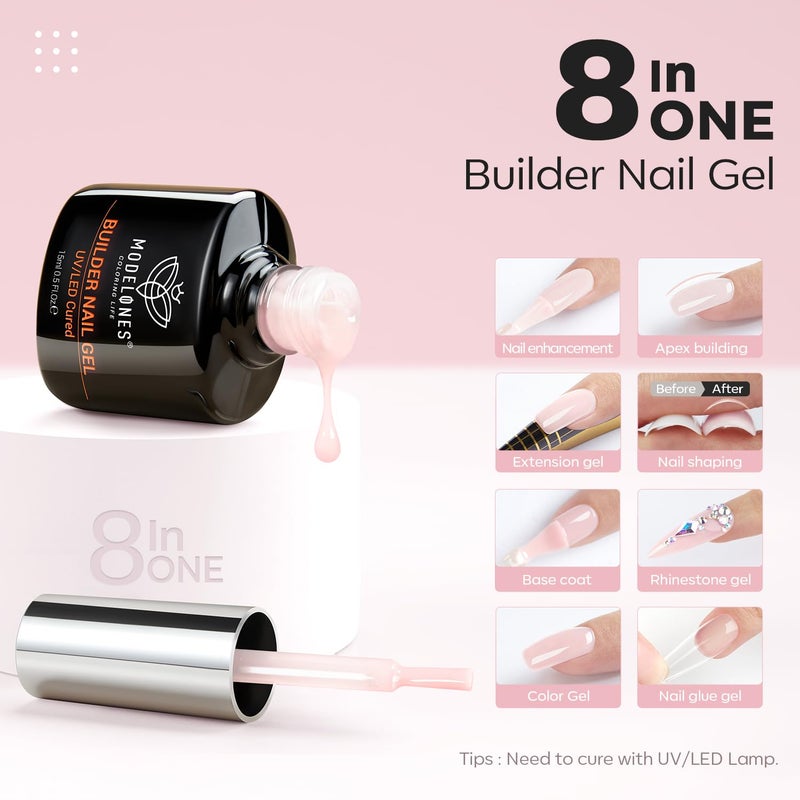 modelones Builder Nail Gel, 8-in-One Cover Nude Builder, LED Lamp Cured Thickening Apex Building Strengthener Extension Rubber Color Base Gel Polish Glue in a Bottle for Home DIY Salon Girls - Image 2