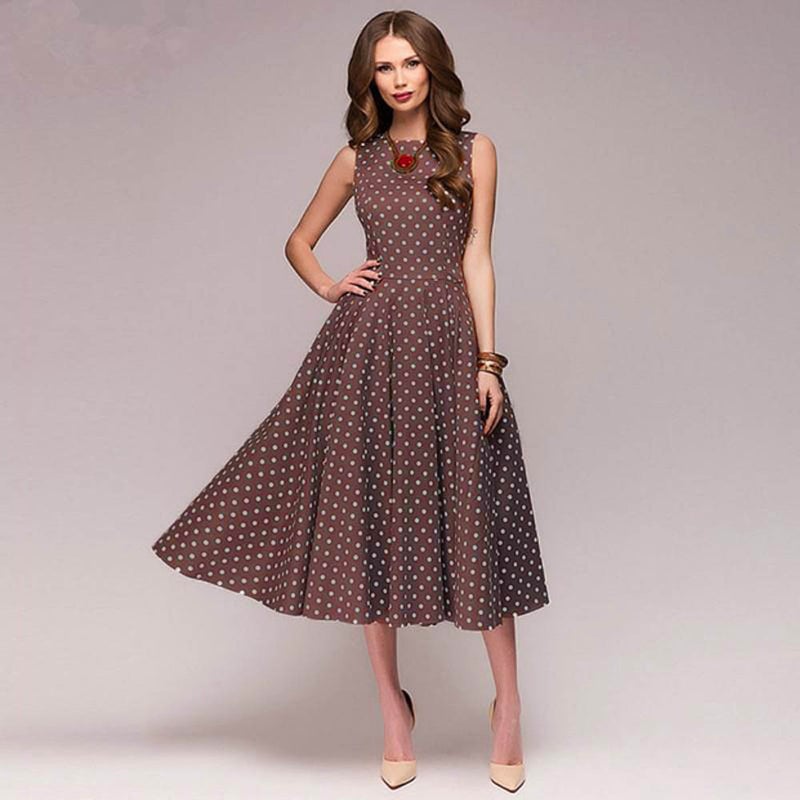 Summer Vintage Sleeveless Polka Dot Print Dress Coffee  - Image 1