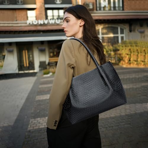 KKXIU Tote Bag for Women Vegan Leather Shoulder Purse Trendy Soft Travel Bag - Black - Image 2