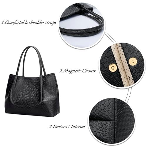 KKXIU Tote Bag for Women Vegan Leather Shoulder Purse Trendy Soft Travel Bag - Black - Image 4