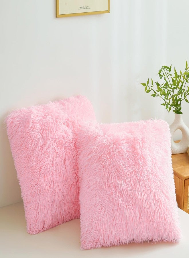 FOPPA Fluffy Throw Pillow Covers Pink 18"x18" Faux Fur Furry Cushion Covers Shaggy Plush Fuzzy Pillow Cases Decorative Pillow Shams with Zipper Set of 2 for Sofa Living Room Bedroom Interior - Image 1