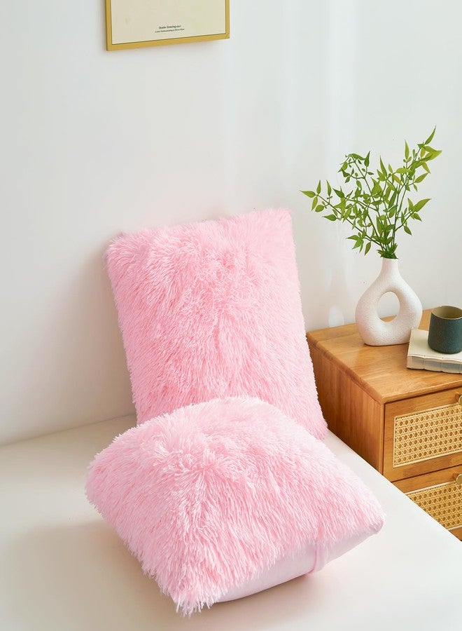 FOPPA Fluffy Throw Pillow Covers Pink 18"x18" Faux Fur Furry Cushion Covers Shaggy Plush Fuzzy Pillow Cases Decorative Pillow Shams with Zipper Set of 2 for Sofa Living Room Bedroom Interior - Image 3