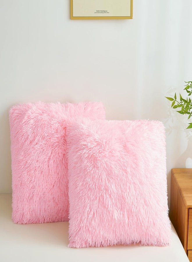 FOPPA Fluffy Throw Pillow Covers Pink 18"x18" Faux Fur Furry Cushion Covers Shaggy Plush Fuzzy Pillow Cases Decorative Pillow Shams with Zipper Set of 2 for Sofa Living Room Bedroom Interior - Image 2