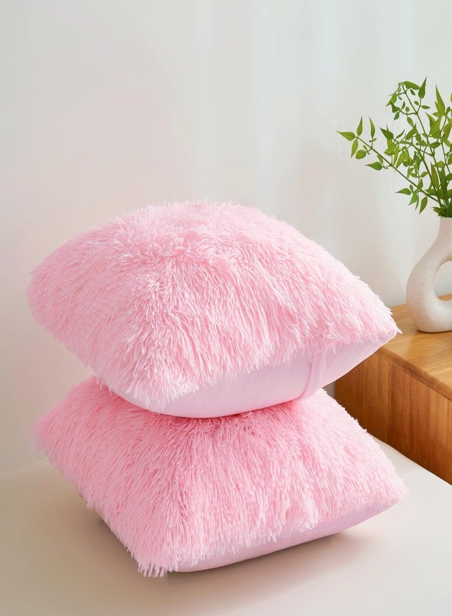FOPPA Fluffy Throw Pillow Covers Pink 18"x18" Faux Fur Furry Cushion Covers Shaggy Plush Fuzzy Pillow Cases Decorative Pillow Shams with Zipper Set of 2 for Sofa Living Room Bedroom Interior - Image 4
