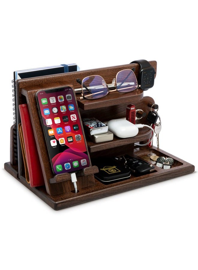 TESLYAR Wood Phone Docking Station for Men - Desktop or Nightstand Organizer - Birthday gifts for Men or Dad - Anniversary Idea from Wife - Key Holders, for Wallet, Watch & Essentials (Chestnut Brown) - Image 1