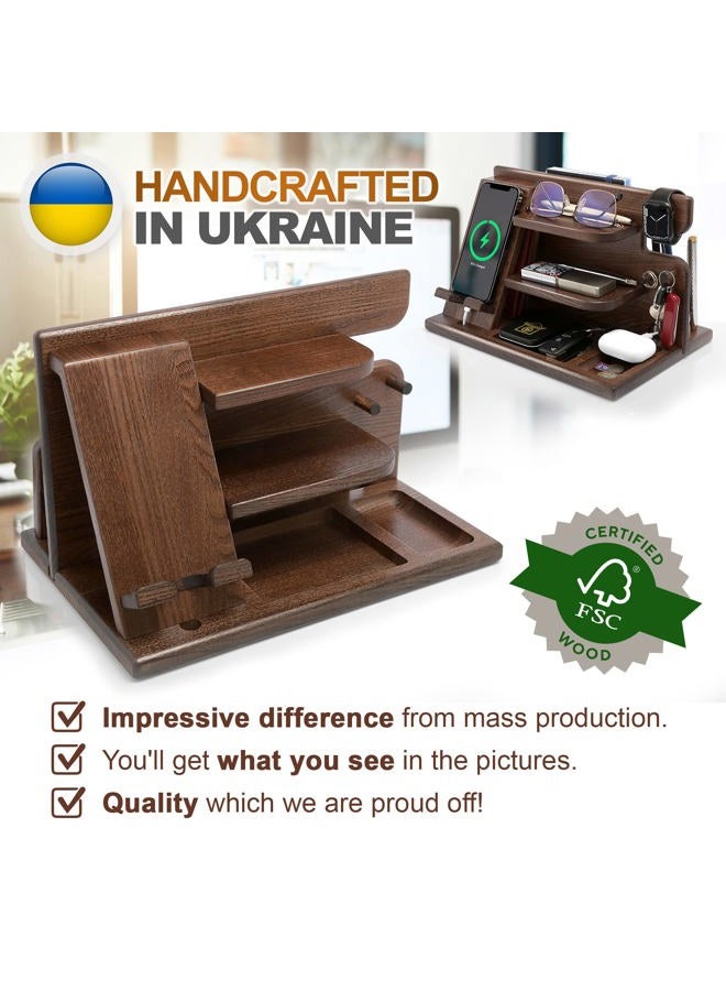 TESLYAR Wood Phone Docking Station for Men - Desktop or Nightstand Organizer - Birthday gifts for Men or Dad - Anniversary Idea from Wife - Key Holders, for Wallet, Watch & Essentials (Chestnut Brown) - Image 4