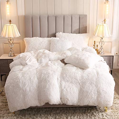 Uhamho Faux Fur Velvet Fluffy Bedding Duvet Cover Set Down Comforter Quilt Cover with Pillow Sham, Ultra Soft Warm (White, Twin) - Image 1