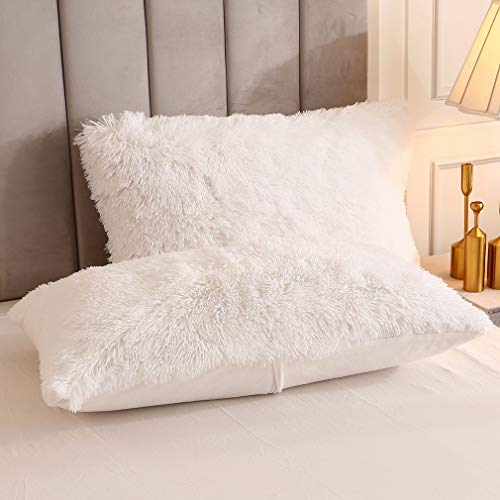Uhamho Faux Fur Velvet Fluffy Bedding Duvet Cover Set Down Comforter Quilt Cover with Pillow Sham, Ultra Soft Warm (White, Twin) - Image 3