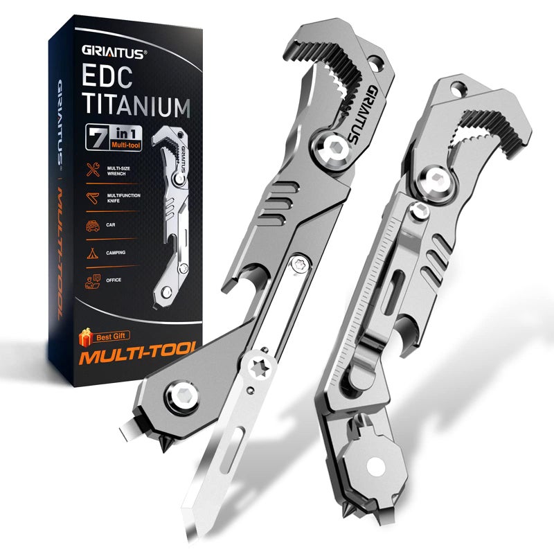 GIRIAITUS EDC Multitool 7 in 1 with knife, Wrench, Folding Knife, Screwdriver, Bottle Opene, Ruler, Urgent Car Window Breaker and Seatbelt Cutter, EDC Pocket Multi Tool for Gifts for Men (Bright silver)  - Image 1