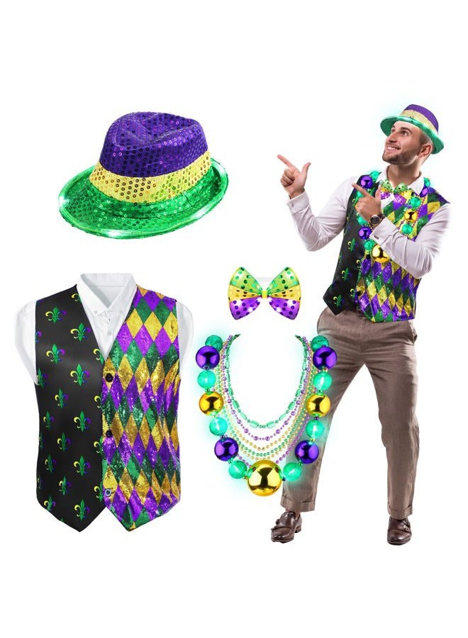 Cozypower 10 Pcs Mardi Gras Vest Kit for Men 30'' Light up Jumbo Mardi Gras Bead Necklace LED Sequin Hat Bow Tie for Party (L) - Image 1