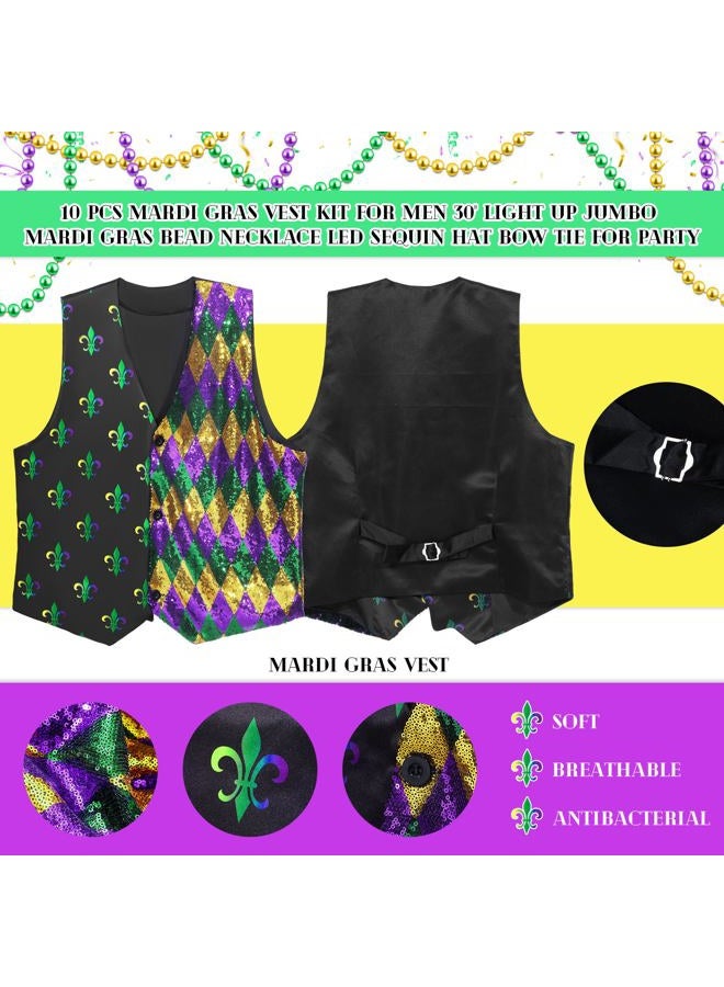 Cozypower 10 Pcs Mardi Gras Vest Kit for Men 30'' Light up Jumbo Mardi Gras Bead Necklace LED Sequin Hat Bow Tie for Party (L) - Image 3