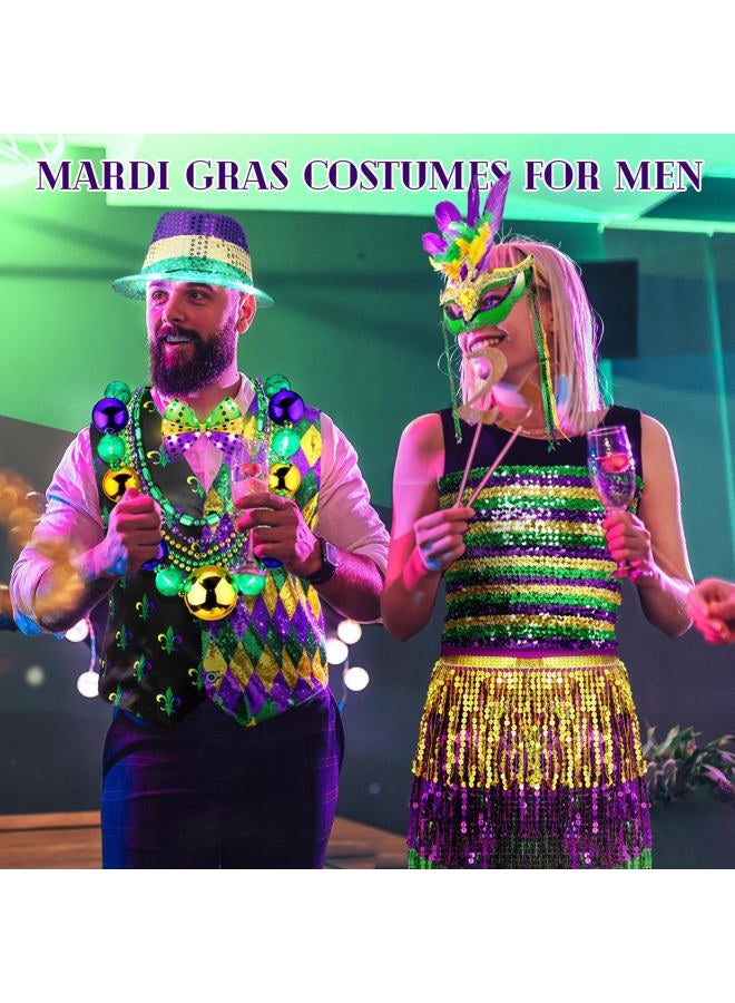 Cozypower 10 Pcs Mardi Gras Vest Kit for Men 30'' Light up Jumbo Mardi Gras Bead Necklace LED Sequin Hat Bow Tie for Party (L) - Image 5
