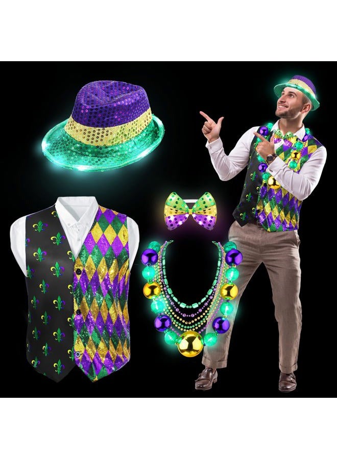 Cozypower 10 Pcs Mardi Gras Vest Kit for Men 30'' Light up Jumbo Mardi Gras Bead Necklace LED Sequin Hat Bow Tie for Party (L) - Image 2