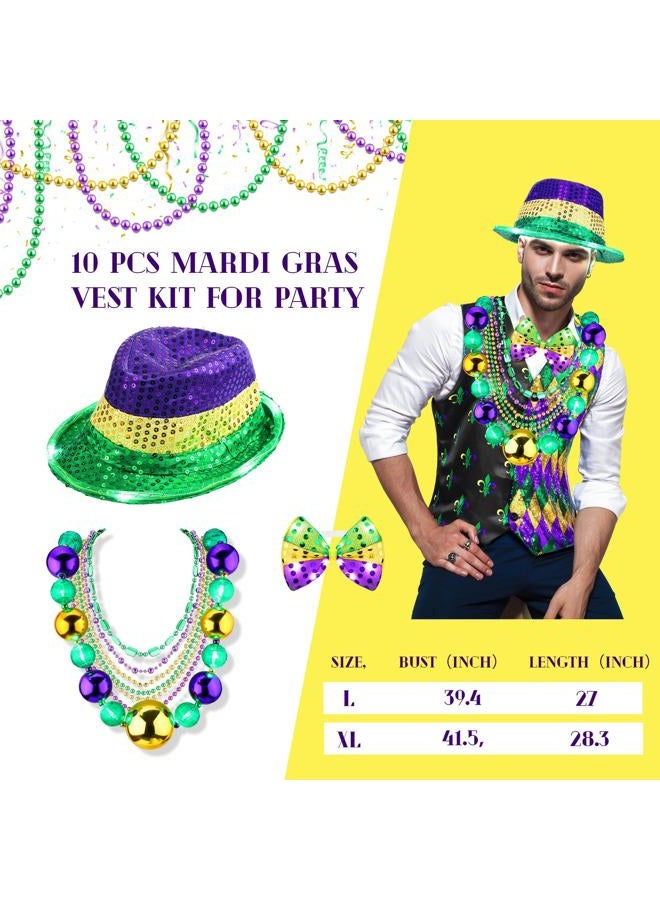 Cozypower 10 Pcs Mardi Gras Vest Kit for Men 30'' Light up Jumbo Mardi Gras Bead Necklace LED Sequin Hat Bow Tie for Party (L) - Image 4