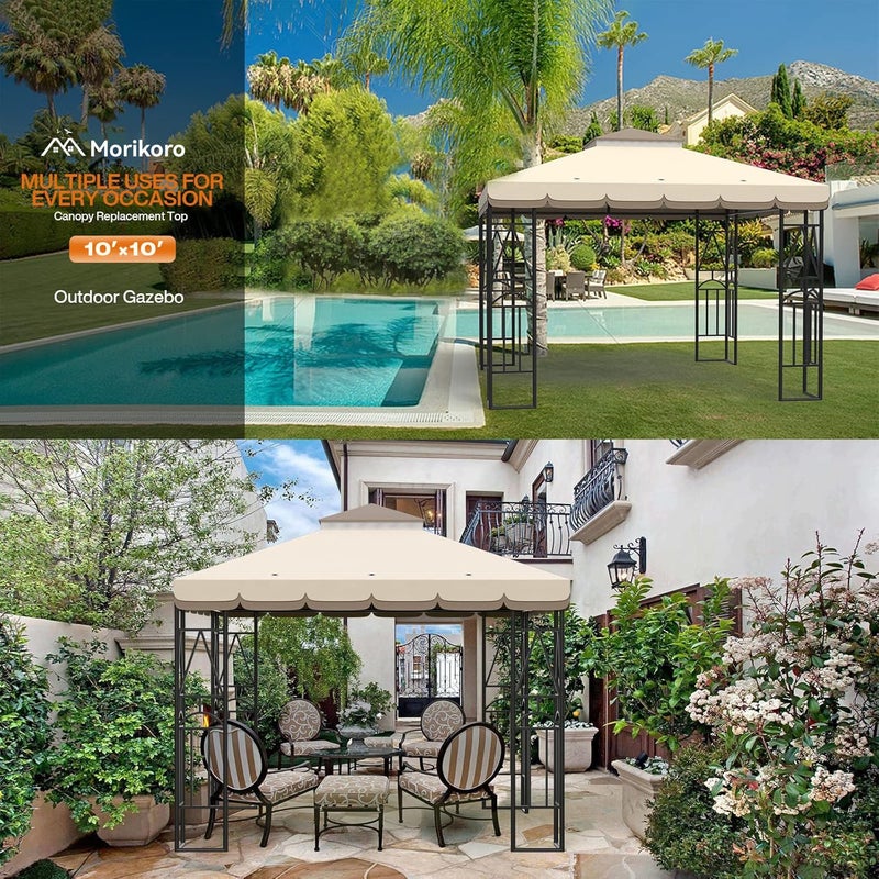 Morikoro 10x10 Canopy Replacement Top Double Tiered Gazebo Cover for Yard, Patio & Garden Durable Sunshade Replacement (BeigeBrown with lace) - Image 5