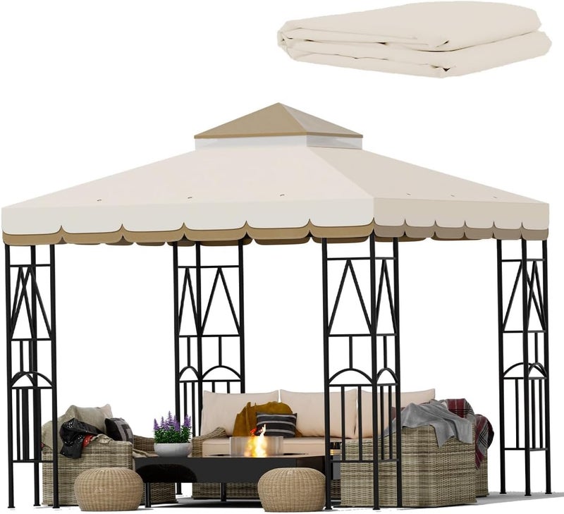 Morikoro 10x10 Canopy Replacement Top Double Tiered Gazebo Cover for Yard, Patio & Garden Durable Sunshade Replacement (BeigeBrown with lace) - Image 1