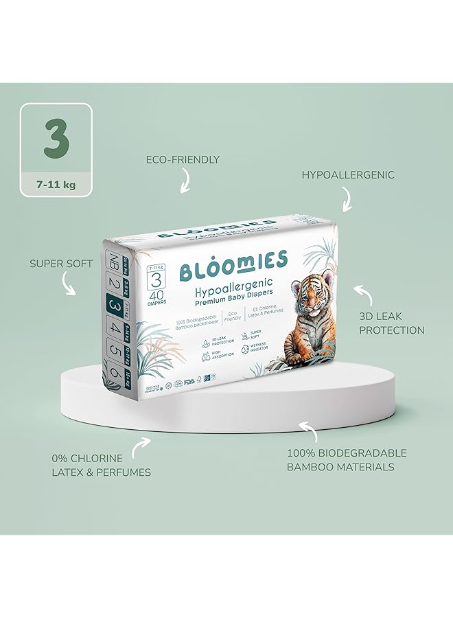 Bloomies Premium Baby Diapers Size 3 7 11 Kg 40 Count Wetness Indicator Eco Friendly And Hypoallergenic Ultra Soft Nappy Diaper Skin Friendly Leakage Protection 100% Organic Natural Bamboo Made - Image 4