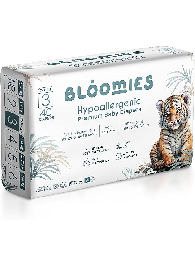 Bloomies Premium Baby Diapers Size 3 7 11 Kg 40 Count Wetness Indicator Eco Friendly And Hypoallergenic Ultra Soft Nappy Diaper Skin Friendly Leakage Protection 100% Organic Natural Bamboo Made - Image 1