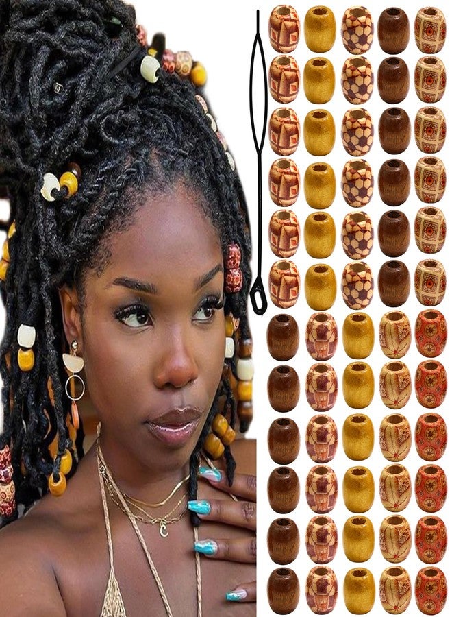 VENOFEN 60PCS Wood Hair Beads Mixed Color Loc Jewelry Hair Decoration Large Hole Braids Bead Accessories Natural Wooden Beads for Women - Image 1