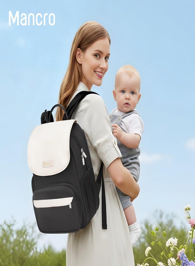 Mancro Small Diaper Bag Backpack with Detachable Changing Pad, Baby Bag for Mom with Insulated Bottle Pocket, Water Resistant Stylish Diaper Bags for Travel with Stroller Straps, Black-White - Image 3
