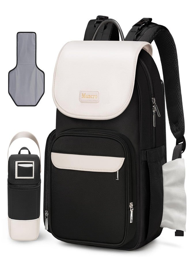 Mancro Small Diaper Bag Backpack with Detachable Changing Pad, Baby Bag for Mom with Insulated Bottle Pocket, Water Resistant Stylish Diaper Bags for Travel with Stroller Straps, Black-White - Image 1
