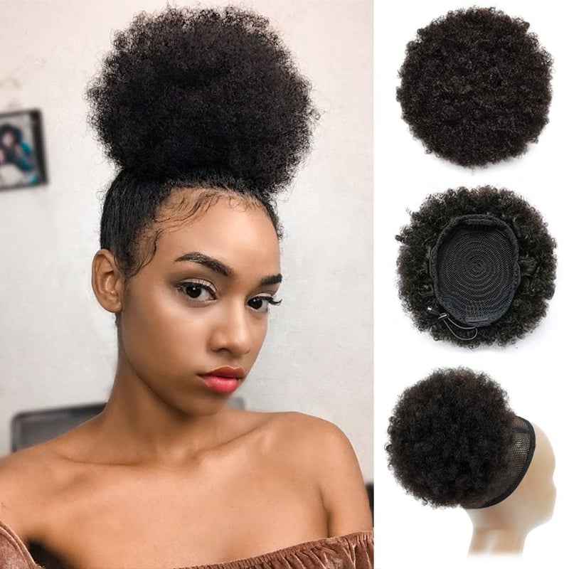 100 Human Hair Afro Puff Drawstring Ponytail Short Curly Afro Bun Hair Extension Natural Black 1B Hairpiece with Two Clips for Black Women