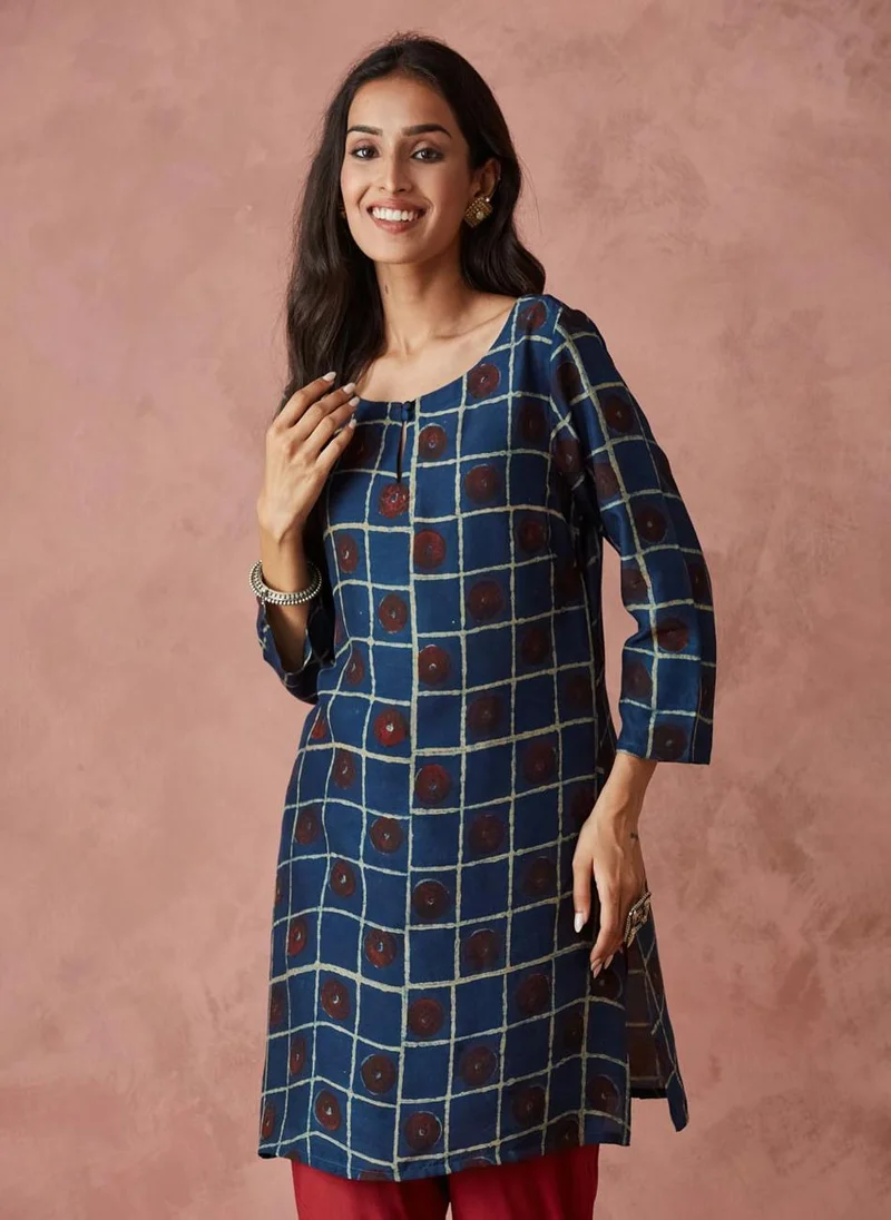 Fabindia Indigo Viscose Dabu Printed Short Kurta
