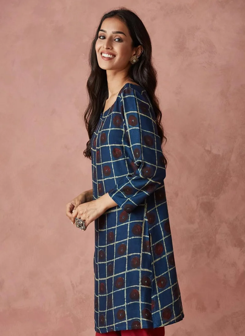 Fabindia Indigo Viscose Dabu Printed Short Kurta