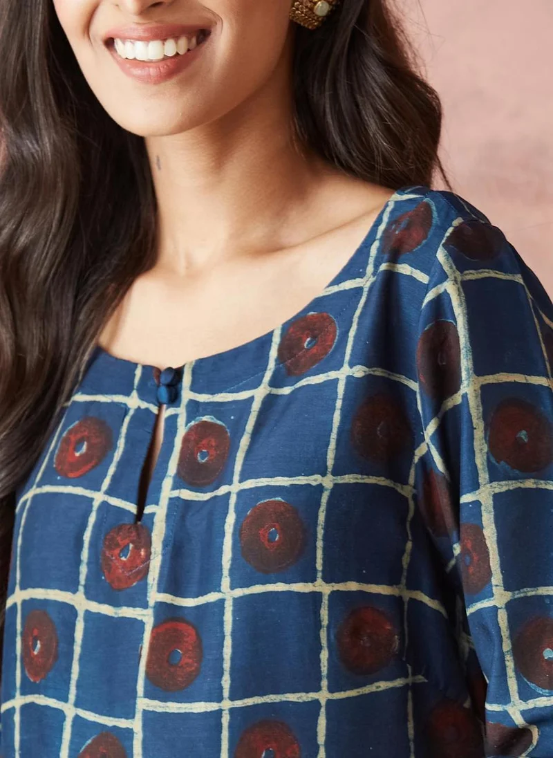 Fabindia Indigo Viscose Dabu Printed Short Kurta