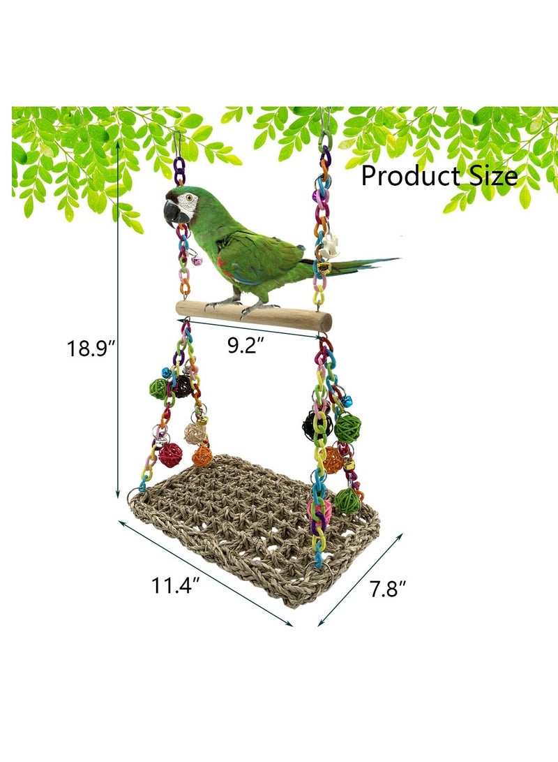Excefore Bird Seagrass Swing Toys with Wood Perch Bird Parrot Trapeze Swing Seagrass Bird Climbing Hammock Bird Perch Stand Chewing Toy for Lovebird, Cockatiel, Budgie, Conure Parrotlet - Image 2