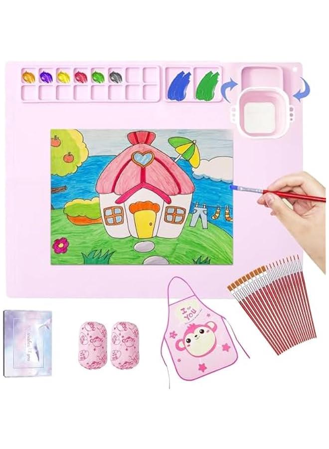 هوكور طقم حصيرة رسم سيليكون، محطة رسم للأطفال، 20 × 16 بوصة حصيرة رسم سيليكون كبيرة مع كوب قابل للفصل للأعمال اليدوية، هدية للأطفال، إبداعات يدوية (وردي) - Image 1
