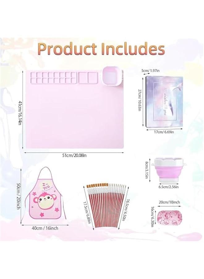 هوكور طقم حصيرة رسم سيليكون، محطة رسم للأطفال، 20 × 16 بوصة حصيرة رسم سيليكون كبيرة مع كوب قابل للفصل للأعمال اليدوية، هدية للأطفال، إبداعات يدوية (وردي) - Image 2