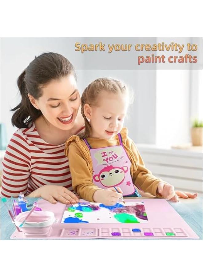 هوكور طقم حصيرة رسم سيليكون، محطة رسم للأطفال، 20 × 16 بوصة حصيرة رسم سيليكون كبيرة مع كوب قابل للفصل للأعمال اليدوية، هدية للأطفال، إبداعات يدوية (وردي) - Image 3