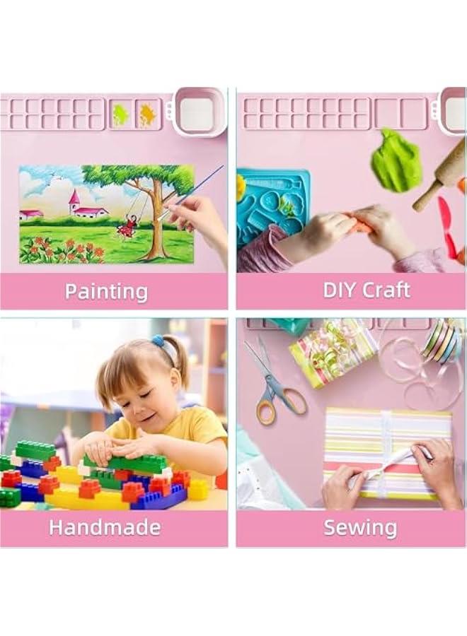 هوكور طقم حصيرة رسم سيليكون، محطة رسم للأطفال، 20 × 16 بوصة حصيرة رسم سيليكون كبيرة مع كوب قابل للفصل للأعمال اليدوية، هدية للأطفال، إبداعات يدوية (وردي) - Image 4