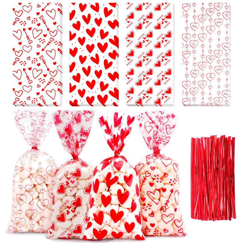 Nelisylux Valentines Cellophane Bags  Valentines Gift Bag  Valentine Treat Bags  Plastic Clear Red Valentine'S Candy Cookie Goodie Snack Bag With Twist Ties For Valentines Day Wedding Party Favor Supplies 50 Pcs - Image 1