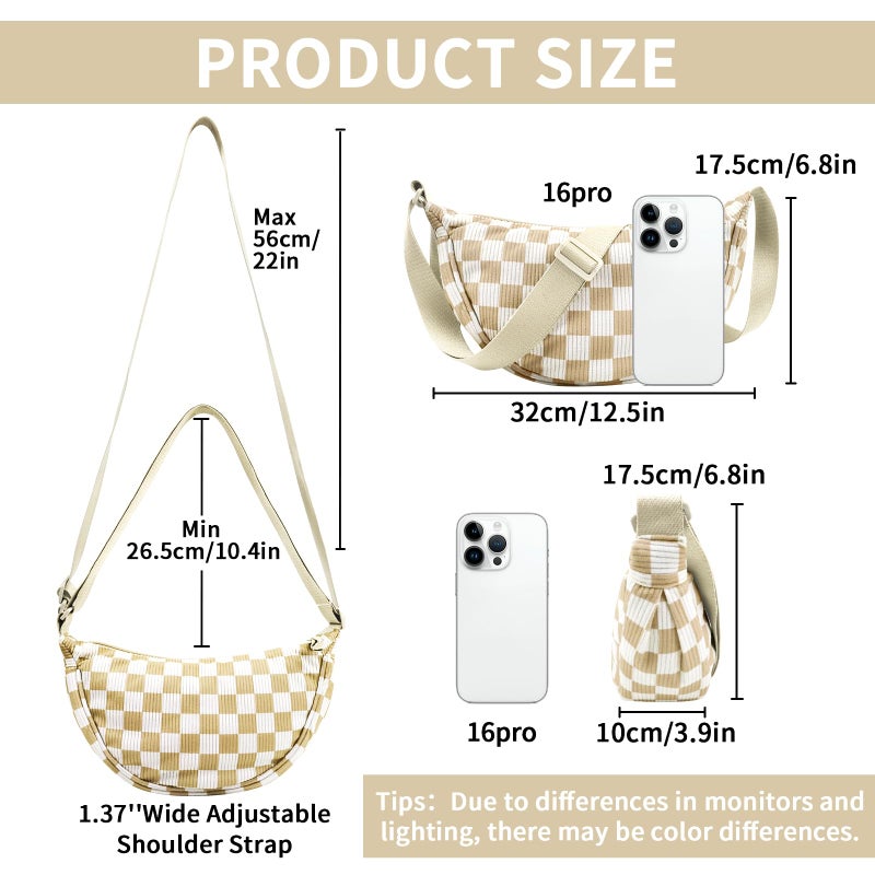 EVGLOW Corduroy Crescent Crossbody Bag for Women Checkered Purses Trendy Men,Small Hobo Sling bag Half Moon Checkered Shoulder Bag,Round Lightweight Waist Fanny Pack with Zip for Travel Daily Use(Khaki) - Image 3