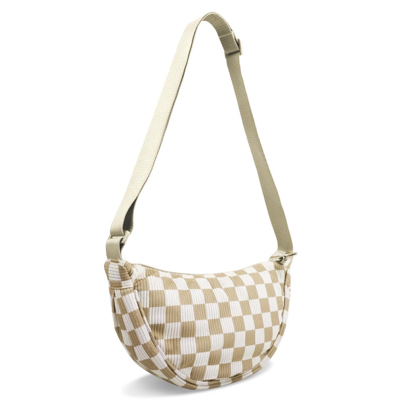 EVGLOW Corduroy Crescent Crossbody Bag for Women Checkered Purses Trendy Men,Small Hobo Sling bag Half Moon Checkered Shoulder Bag,Round Lightweight Waist Fanny Pack with Zip for Travel Daily Use(Khaki) - Image 1